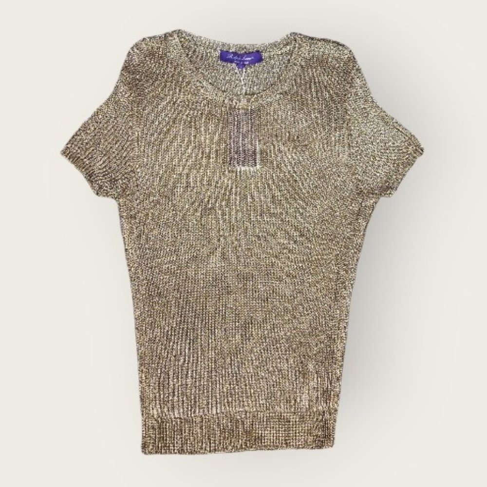 Ralph Lauren Metallic Gold Short-Sleeve Scoop Neck Sweater
